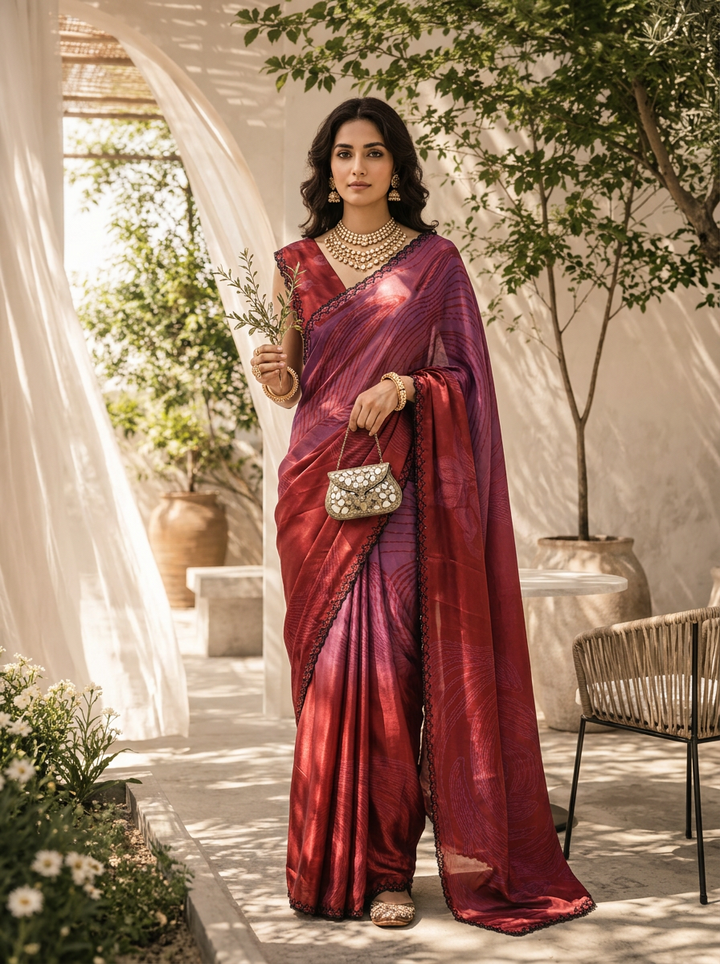 Maroon Printed Crepe Saree With Beads Embroidered Border