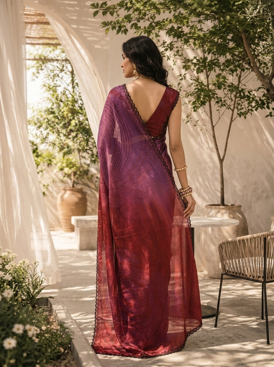Maroon Printed Crepe Saree With Beads Embroidered Border