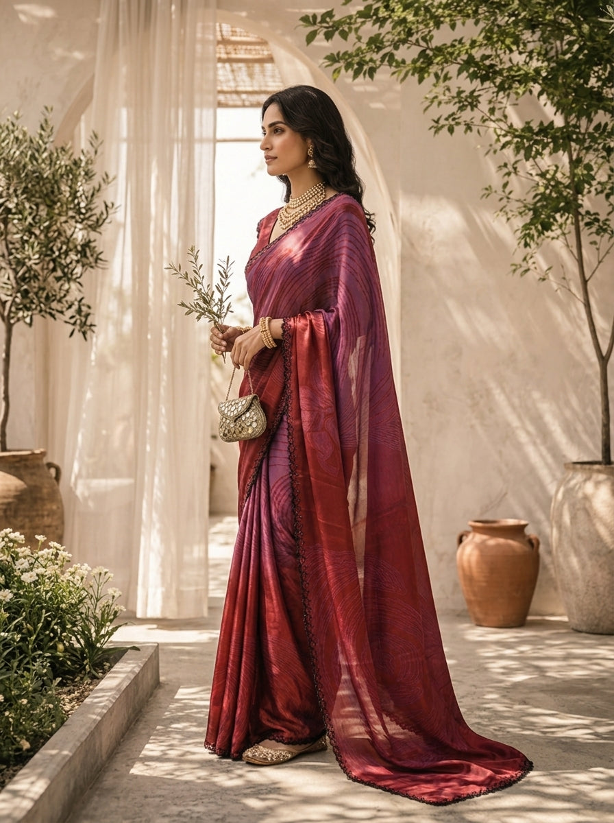 Maroon Printed Crepe Saree With Beads Embroidered Border