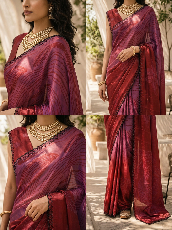 Maroon Printed Crepe Saree With Beads Embroidered Border
