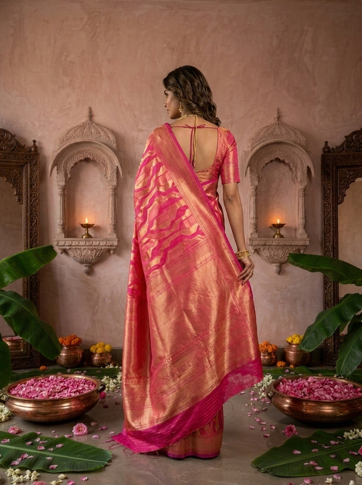 Rani Pink Banarasi Silk Saree with Rich Gold Zari Weaving