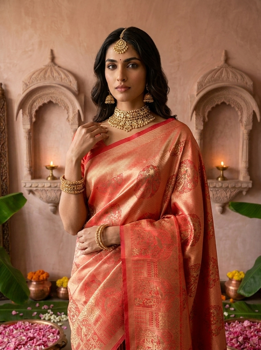 Red Banaras Silk Weaved Saree With Mor-Popat Patola Design