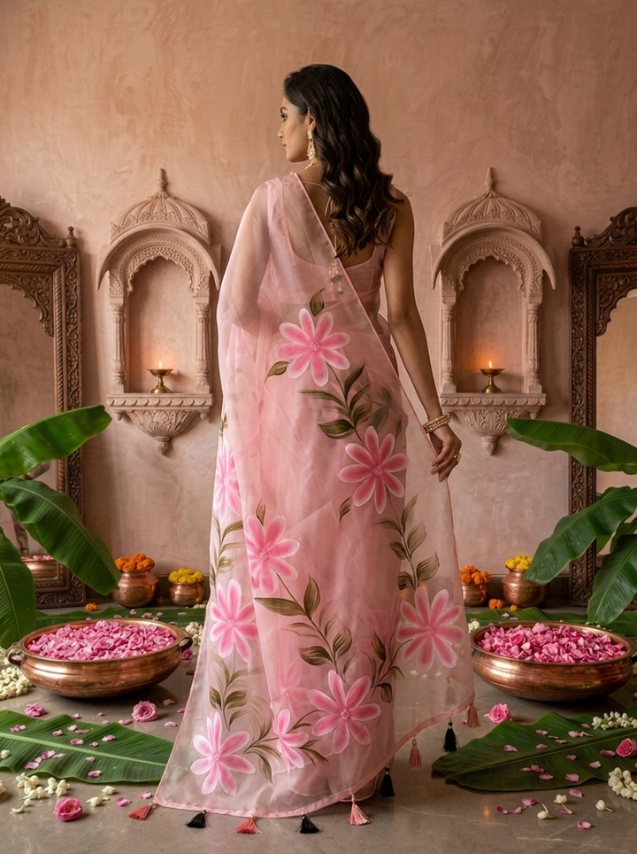Baby Pink Silk Floral Printed Saree